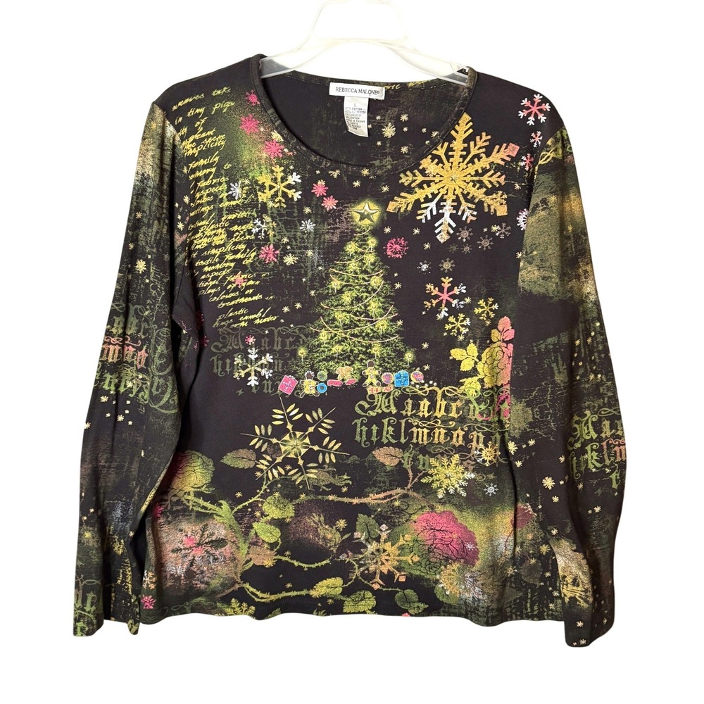 Rebecca Malone Y2K Christmas Tree Graphic Top Womens L Black Holiday Rhinestone